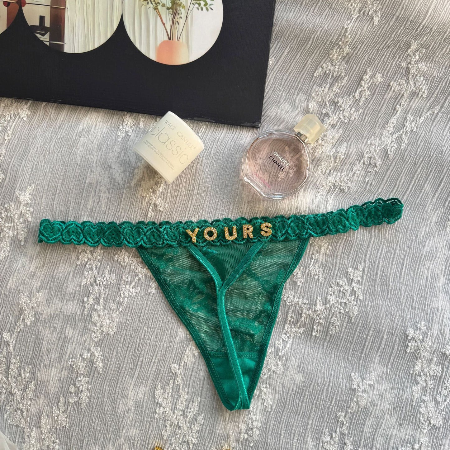 Rhinestone Letter Lace G-String Thong