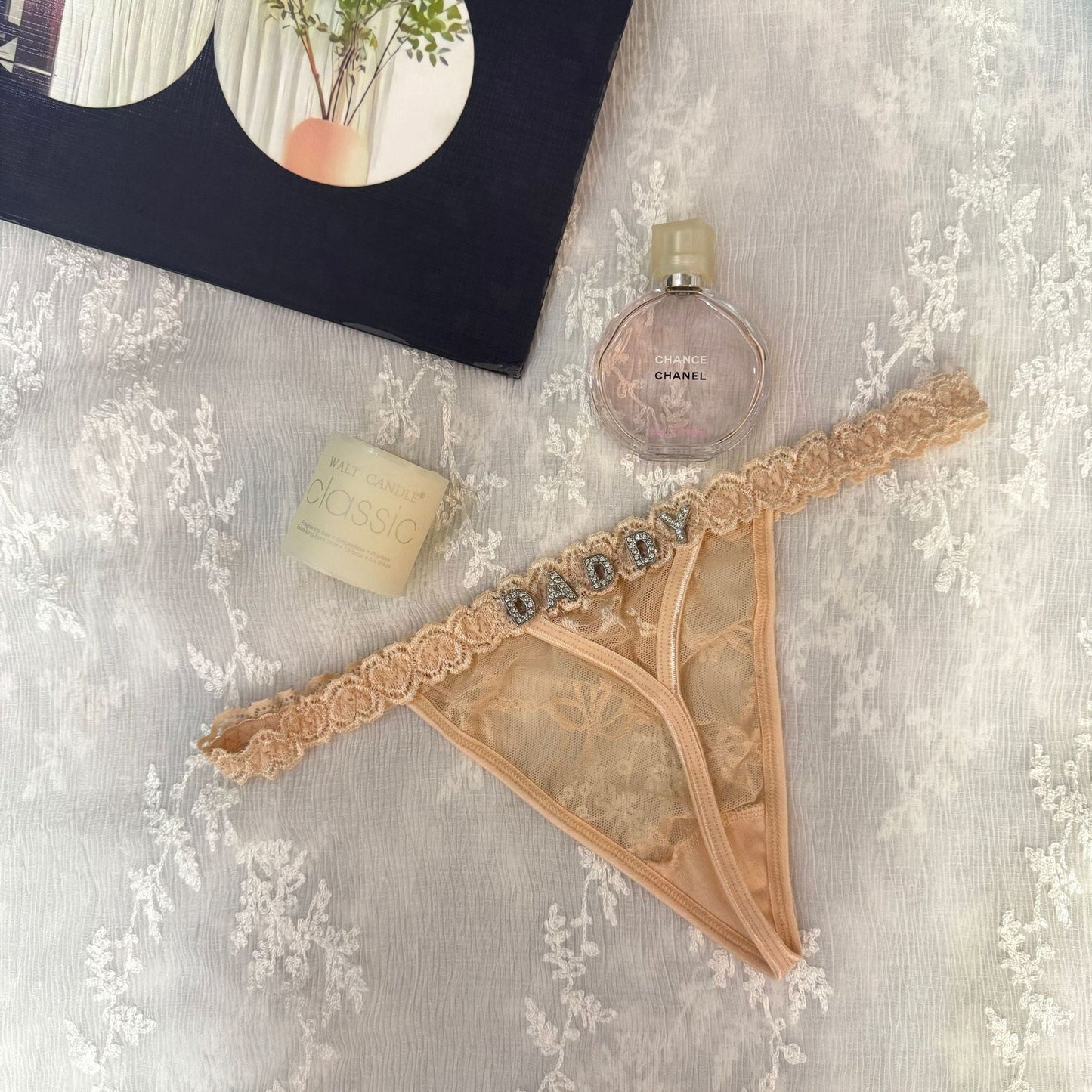 Rhinestone Letter Lace G-String Thong