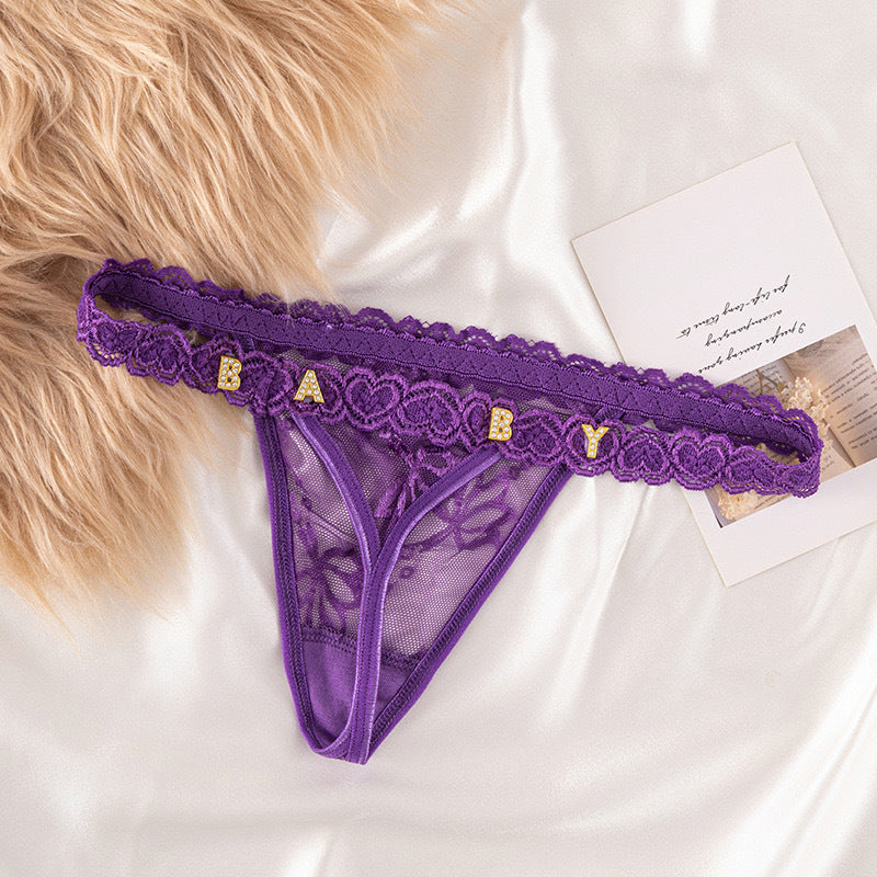 Rhinestone Letter Lace G-String Thong