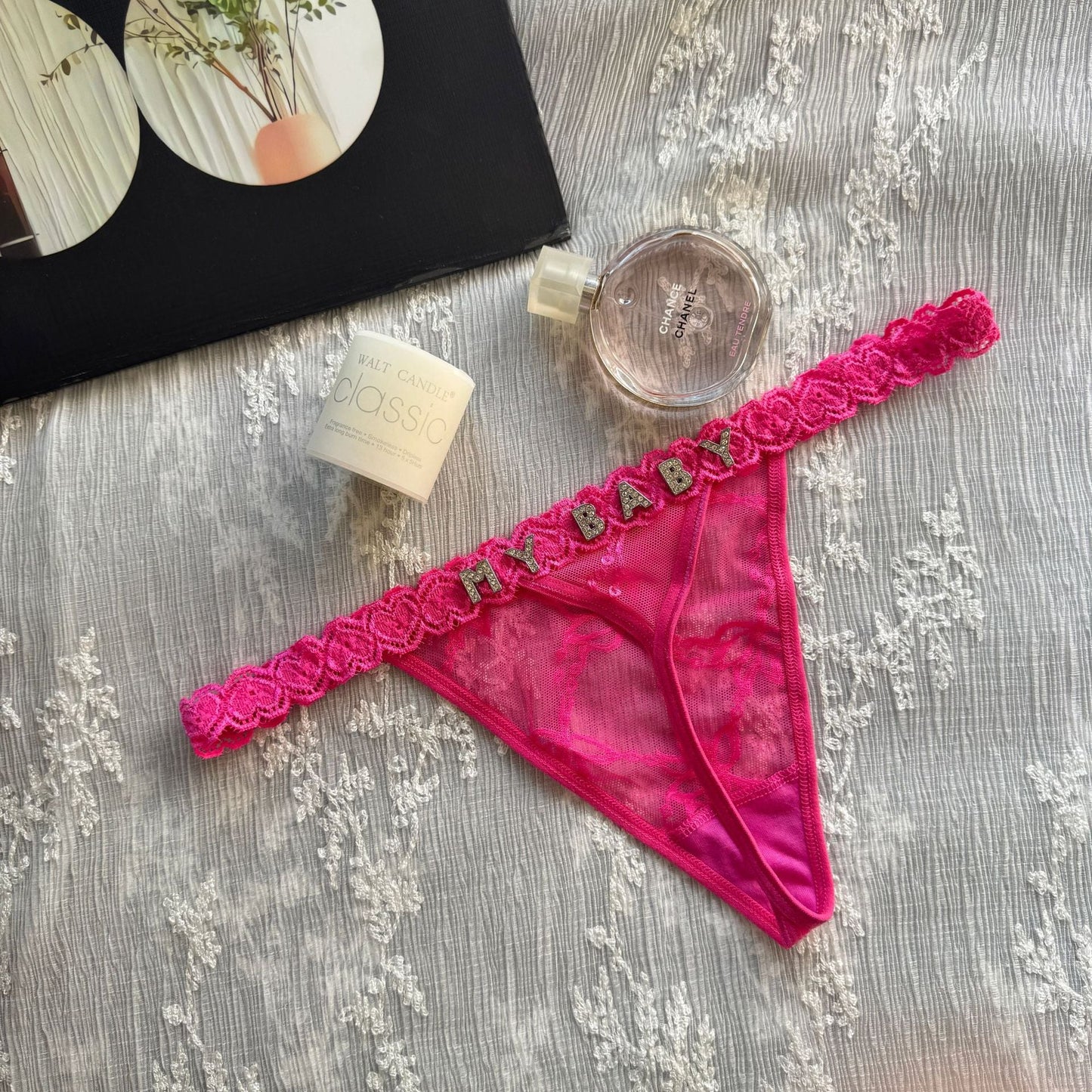 Rhinestone Letter Lace G-String Thong