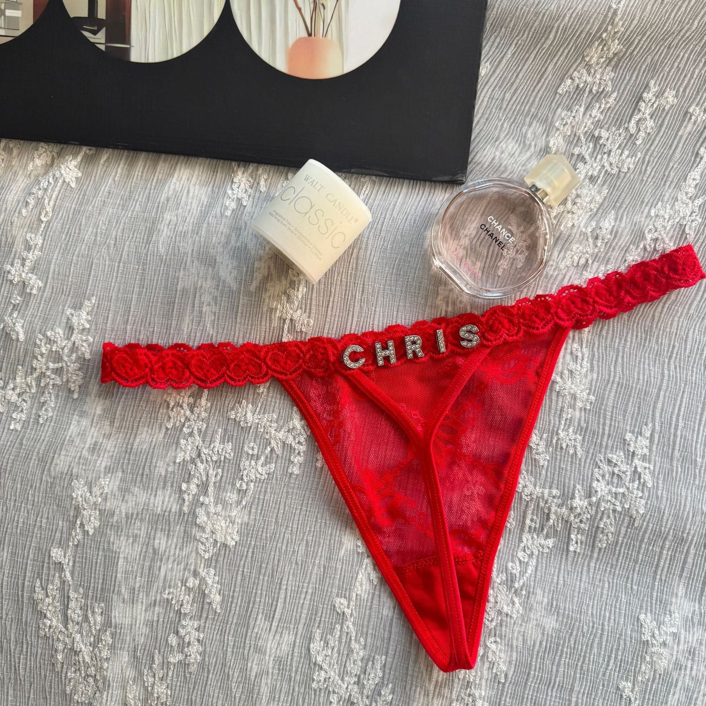 Rhinestone Letter Lace G-String Thong