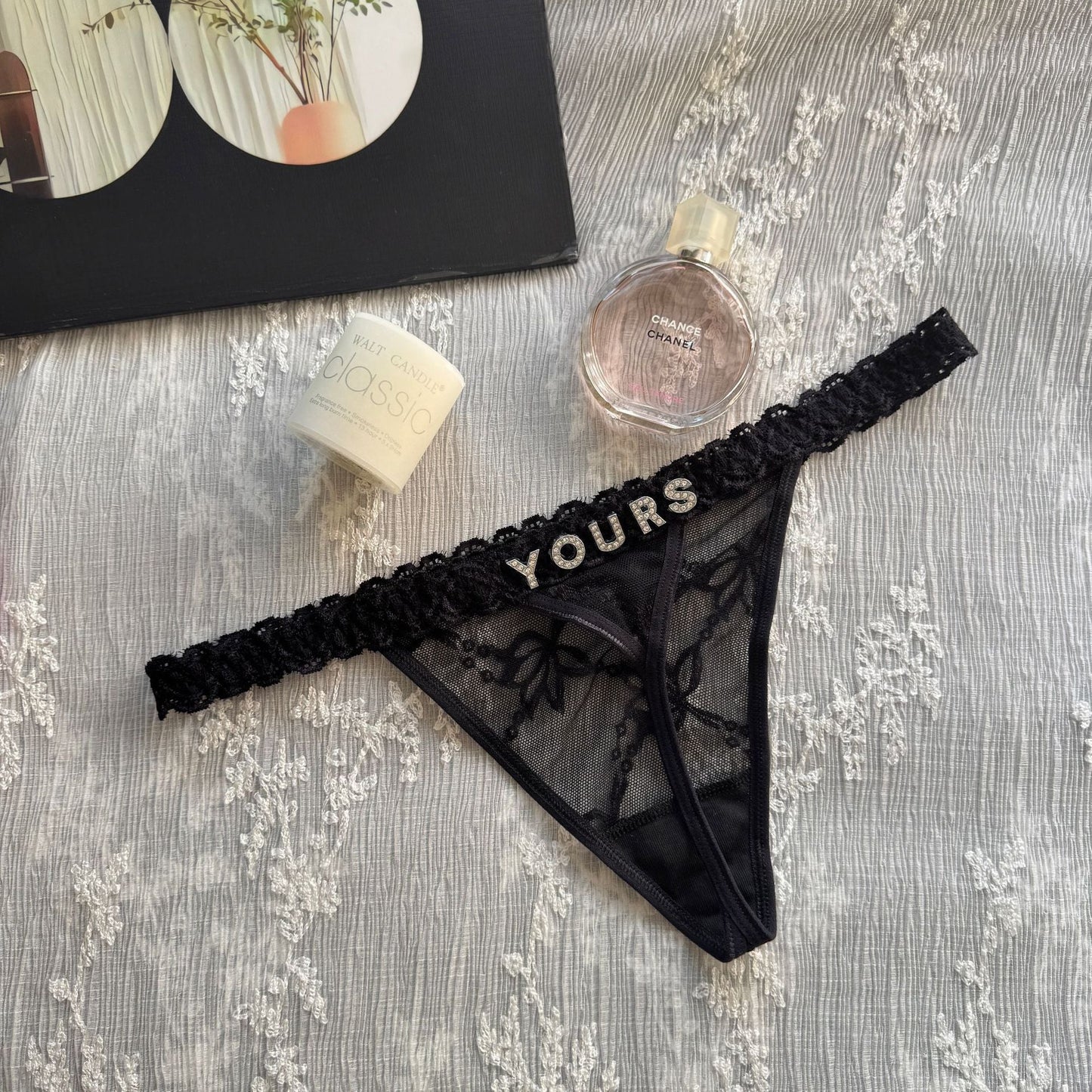 Rhinestone Letter Lace G-String Thong